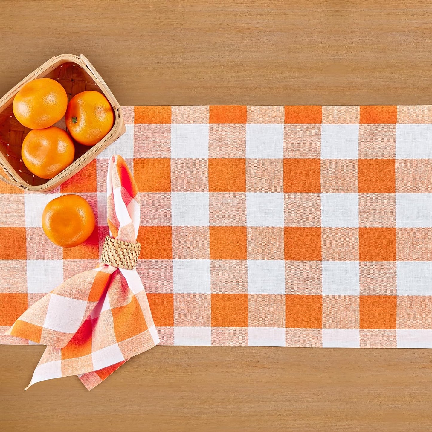 Solino Home 100% Linen Table Runner, 14 x 36 in, Pumpkin and White Check | Buffalo Check Table Runners for dining, hallway and console tables; buffalo checkered weave; Pure Linen; OEKO-TEX Certified BST326SOLH