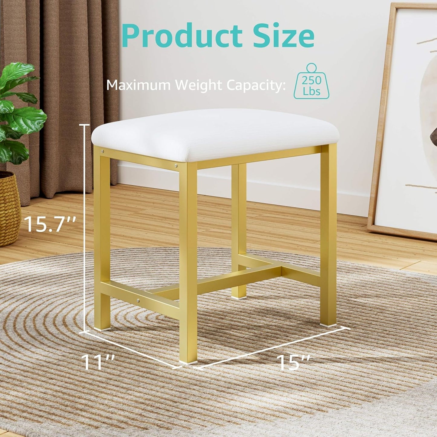 Small Vanity Stool, Cute Vanity Stools with Cushion, White Gold Makeup Vanity Chair for Small Spaces, Living Room, Bedroom, Bathroom, Entryway, Ottoman Foot Rest for Couch Sillas Modern
