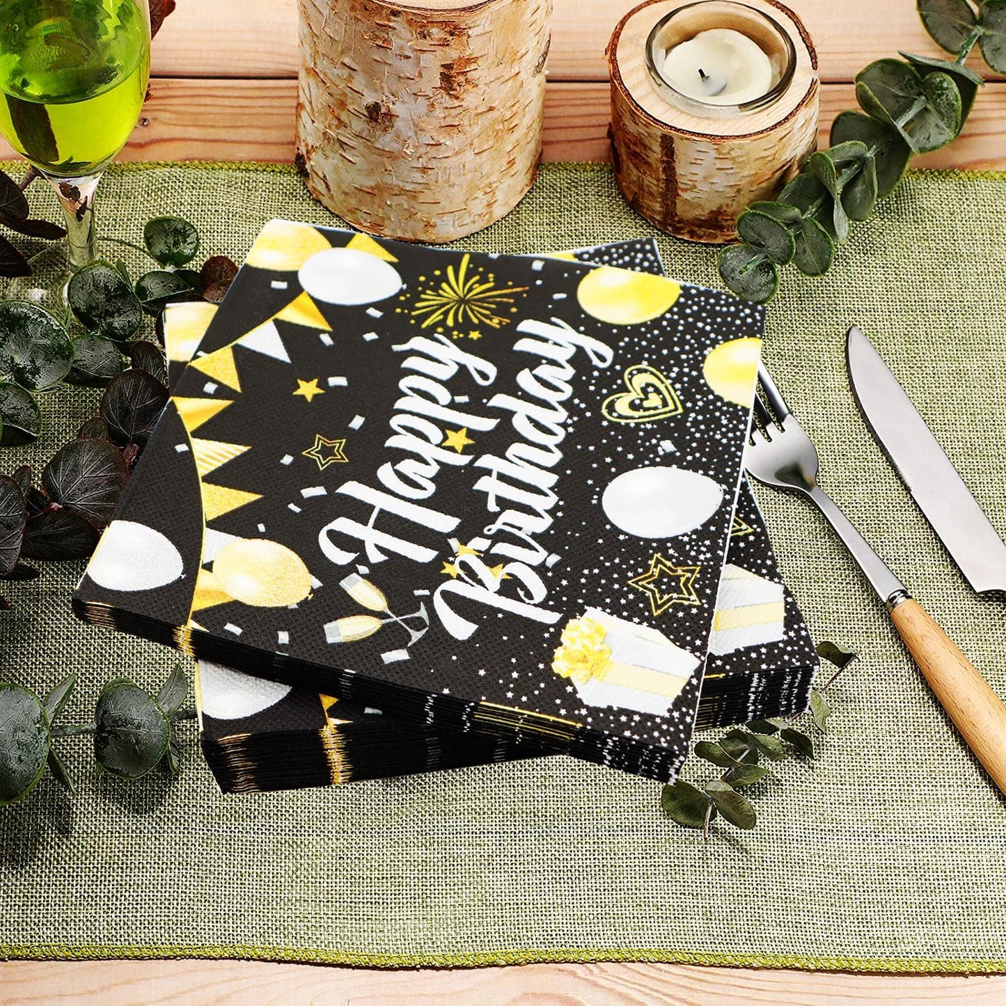 150Pcs Black & Gold Party Supplies - Happy Birthday Set with 9" & 7" Plates, Napkins, Knives, Forks, Spoons for 30th-80th Anniversary Decor BST326H