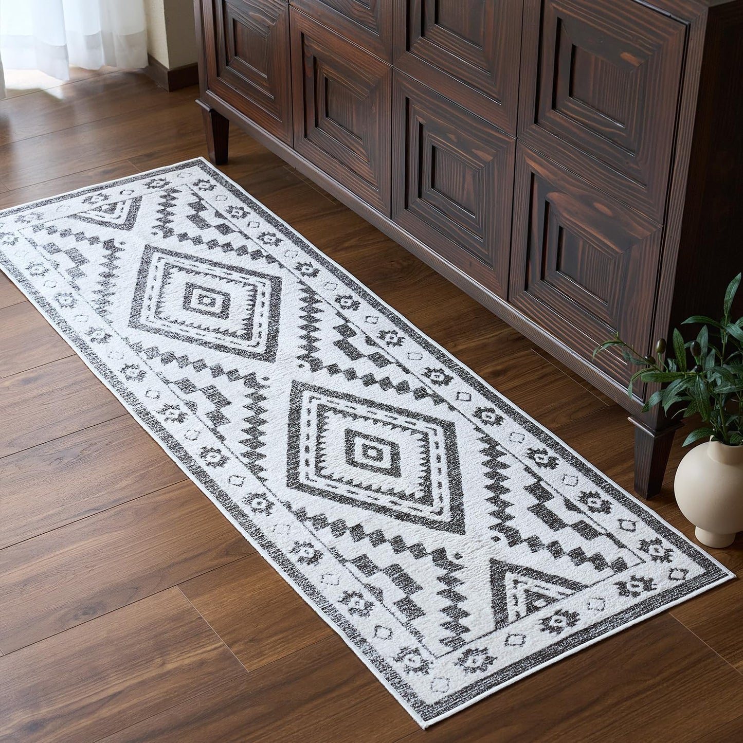 Moroccan Washable Area Rug 3x5, Geometric Tribal Decorative Woven Rug, Non-Slip Boho Farmhouse Soft Low-Pile Area Rug for Living Room Bedroom Nursery Dining Table, Dark Brown/White BST326H