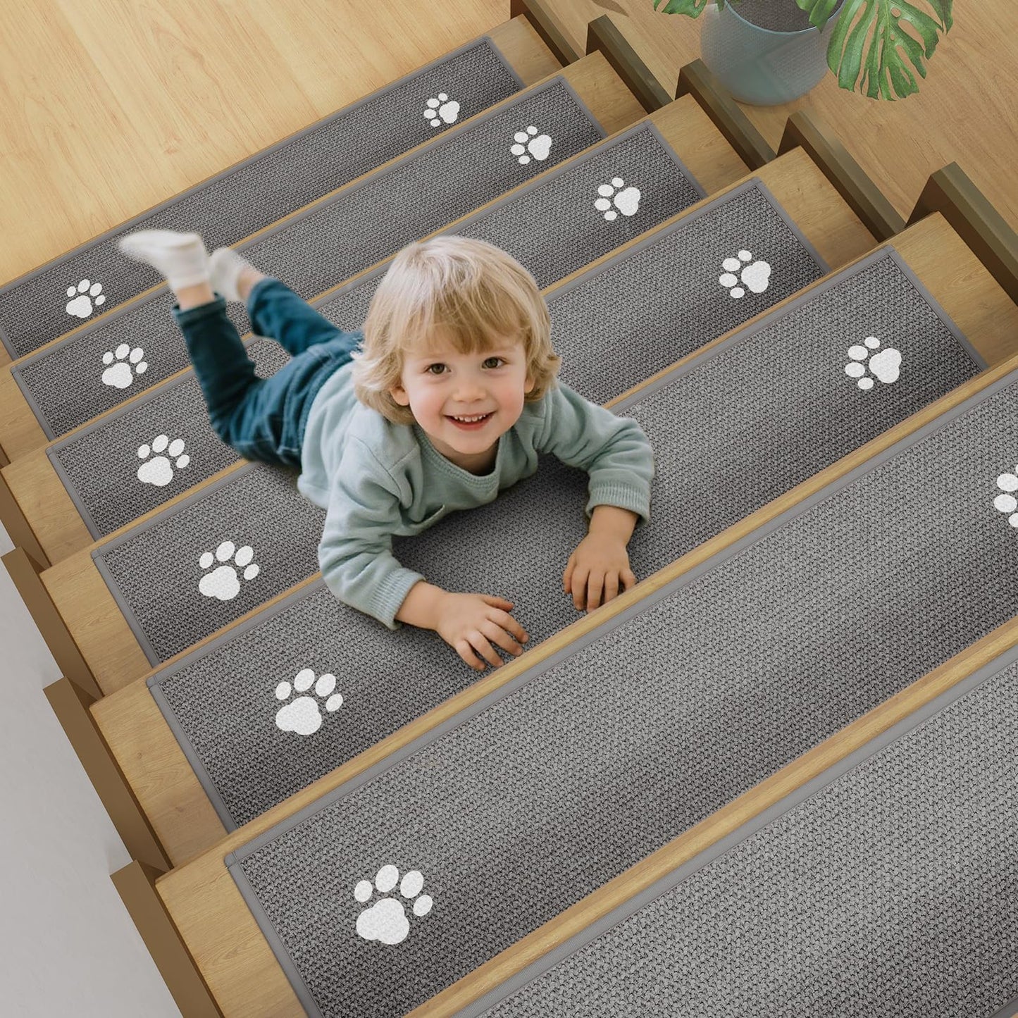 YDKGL Stair Treads Non Slip Indoor 4PCS, Rubber Backing Stair Runner Rugs for Wooden Steps, Residue Free Stair Carpet Treads for Kids Elders and Pets, Machine Washable Stair Mats, Gray, 8" x 30" WN420
