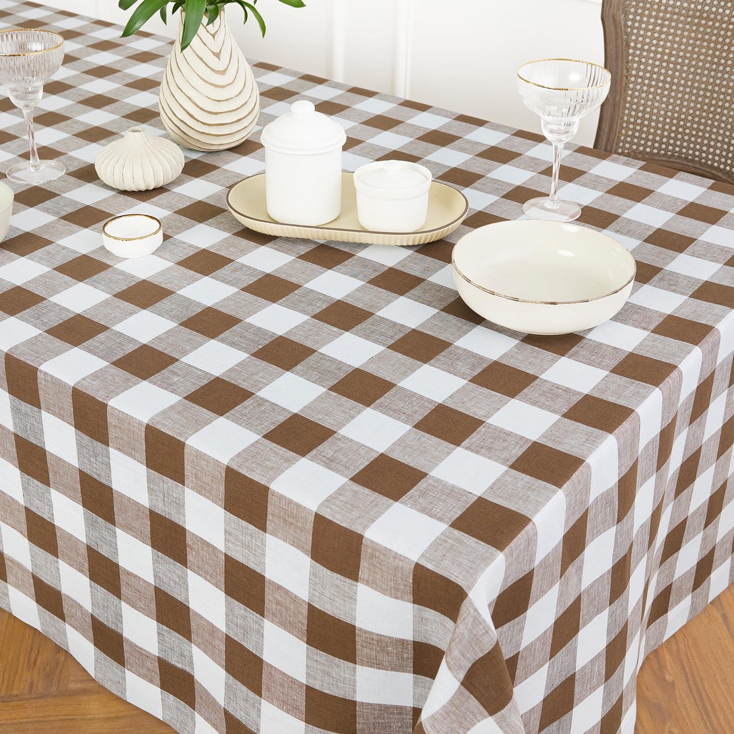 Solino Home 100% Pure Linen Rectangular Tablecloth Pink Check, 60 x 120 in | Buffalo Check Linen Table Cloth for dining and entertaining | buffalo checkered weave | Marshmellow Pink | OEKO-TEX Certified BST326SOLH