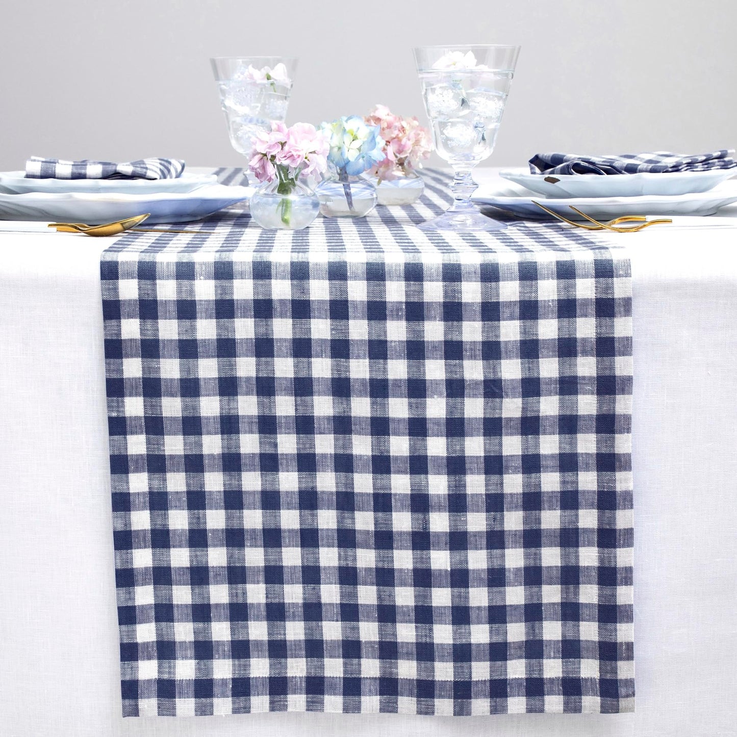 Solino Home 100% Pure Linen Table Runner Apricot, Gingham Check 14 x 36 in | Table Runners for nightstands, end tables, coffee tables and dressers | checkered weave, mitered corners | OEKO-TEX Certified BST326SOLH