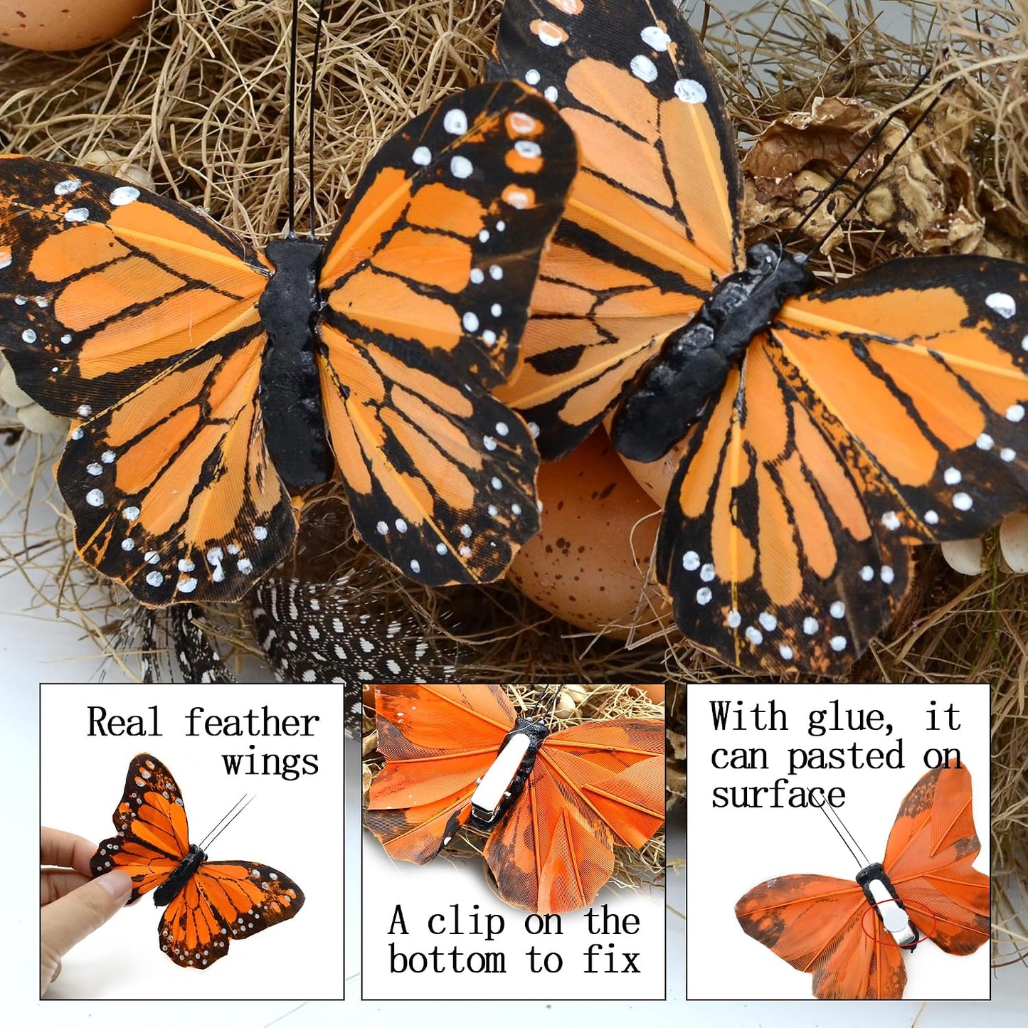 12pcs Monarch Butterflies Monarch Butterfly Decorations Kit with Clip for Dia de Los Muertos Decorations Halloween Decorative Butterflies Handmade Feather Butterfly Plastic - 4 inch KP05C BST220