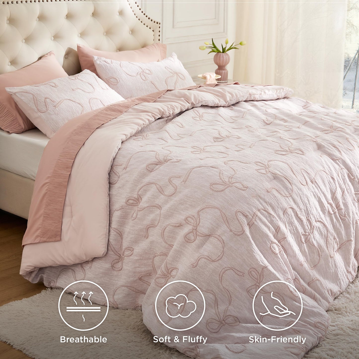Bedsure Tufted Rose Pink King Comforter Set, GentleSoft™ 3 Pieces Bow Cute Bedding Pink Room Decor, Gifts for Girls Teens Women, All Seasons, 1 Bed Comforter, 2 Pillow Shams, 104x90 Inches DD1210
