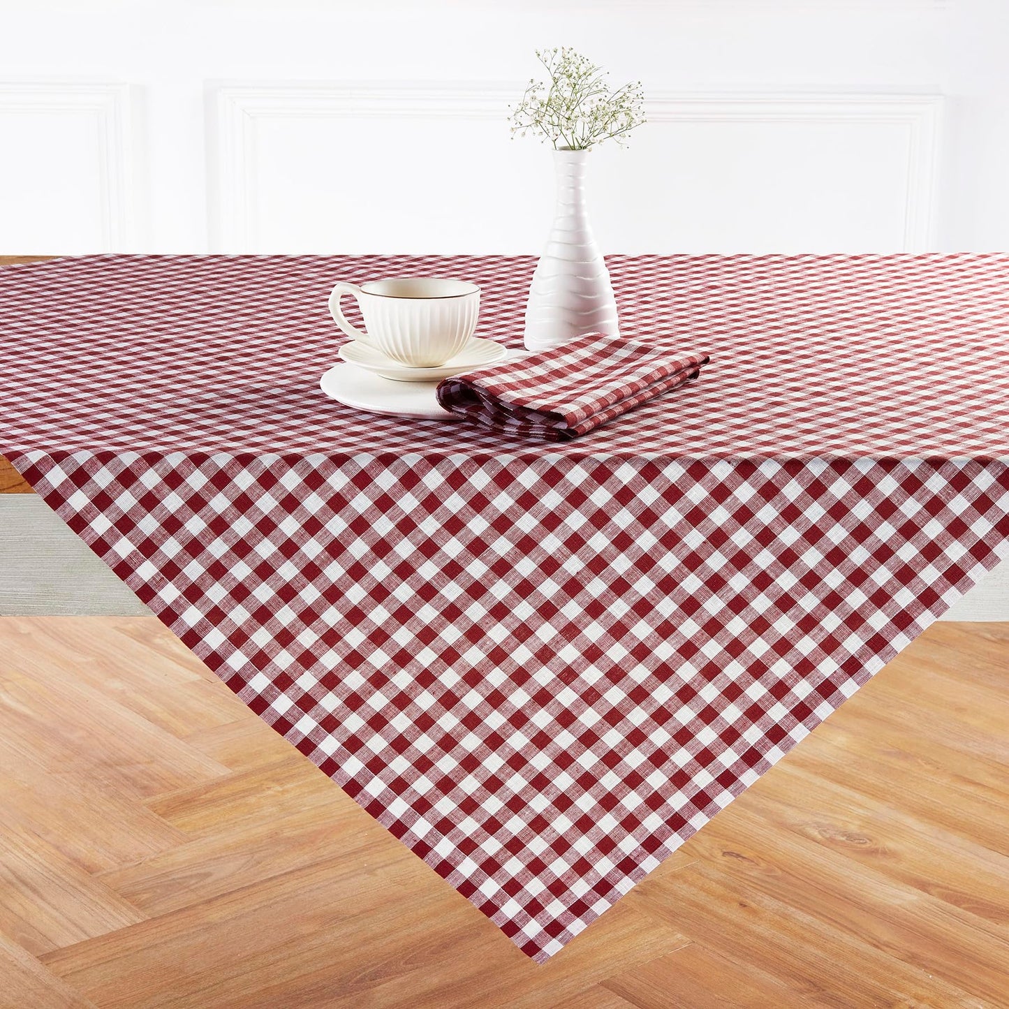 Solino Home 100% Linen Table Cloth, Throw Apricot, Gingham Check 52 x 52 in | Checkered Linen Tablecloth a neat topper for bistro, card and side tables | checkered weave | Pure Linen | OEKO-TEX Certified BST326SOLH