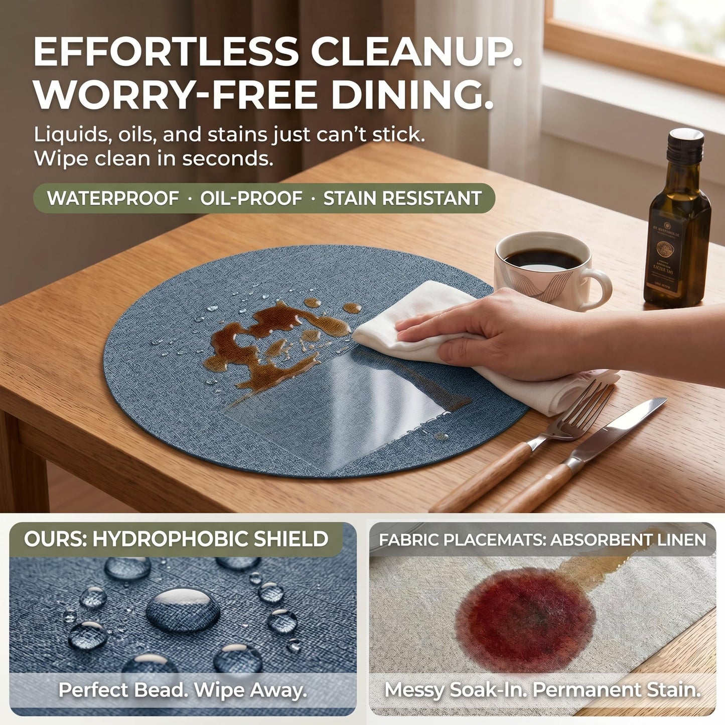 Faux Leather Placemats Set of 6, Wipeable Waterproof Stain Resistant Table Mats, Heat Resistant Thick Placemats with Hand-Painted Edges for Kitchen Dining, Imitative Linen Texture, Various Shapes BST326H