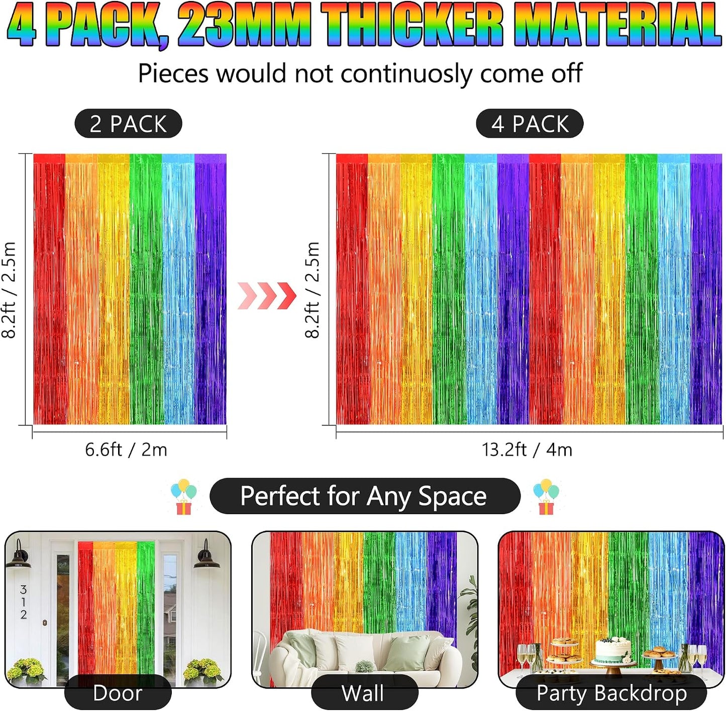 Back to School Decorations, 3.2x8.2 FT Thicken Rainbow Party Streamers Foil Fringe Backdrop Curtains 4 Pack BST326H