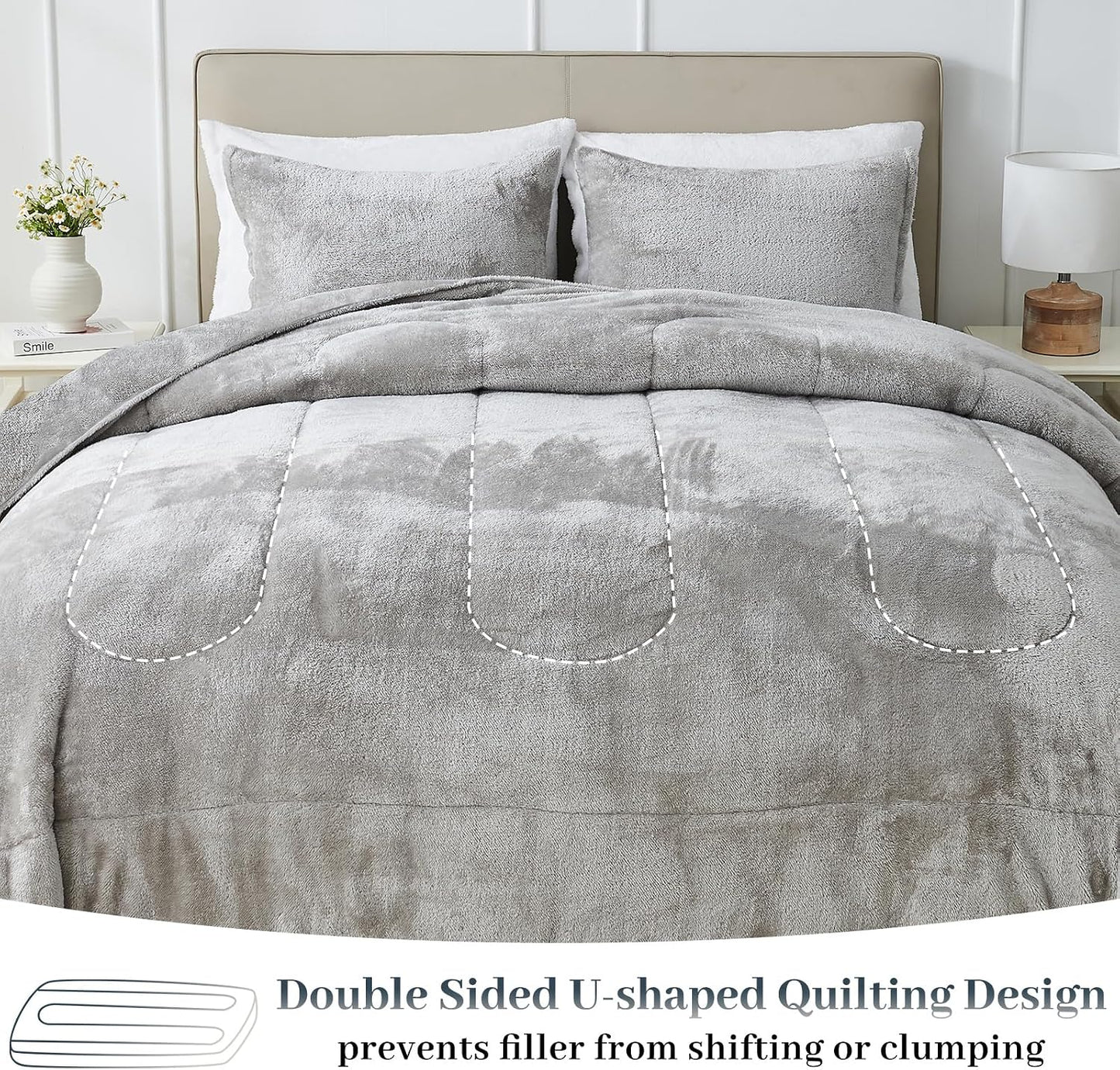 YIYEA Fluffy Queen Size Comforter Set, Luxury Faux Fur Comforter, Ultra Soft Plush Fuzzy Velvet Bedding Comforter Sets for Fall Winter, Cozy Warmth, No Shedding, 3PC, Queen, Light Grey BST326H