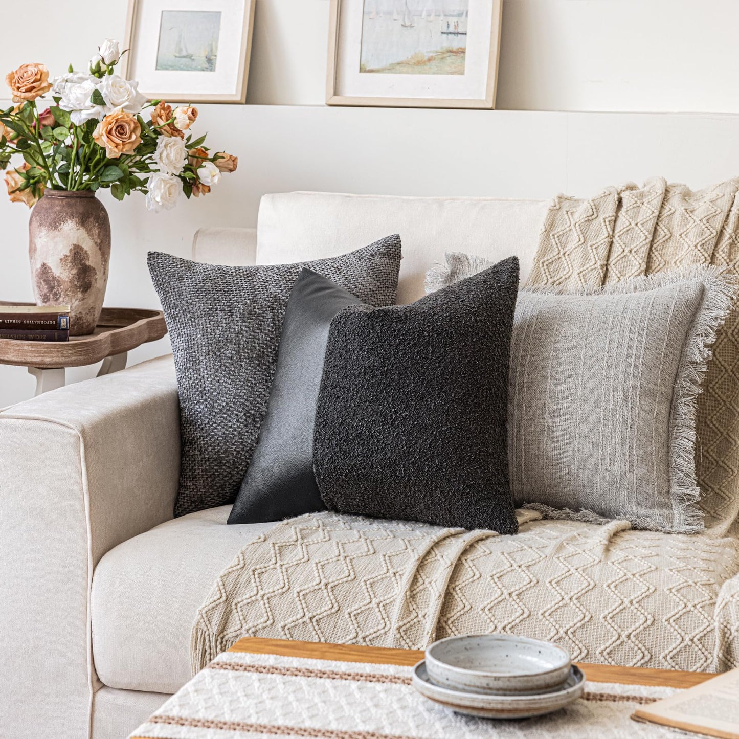 Set of 2 Fluffy Boucle Pillow Covers 18"x18", Oatmeal Textured Throw Pillow Covers with Faux Leather Accents, Boho Decorative Pillow Cases for Couch, Bed, or Farmhouse Home Decor BST220