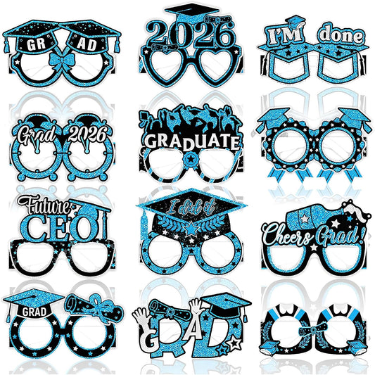 2026 Graduation Party Decorations Glasses, 12 Pcs Class of 2026 Grad Party Eyeglasses Photo Props, Graduation Photo Booth Props for Women Men College Graduation Favors Supplies (Blue) BST326L
