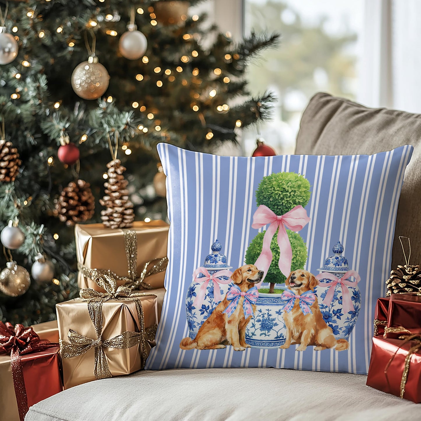 Coquette Pink Chinoiserie Bow Dachshund Pillow Covers 18x18, Dachshund Gifts for Women, Preppy Pink Striped Cute Weiner Dog Decorative Pillow Covers for Girls Bedroom Living Room Home BST202
