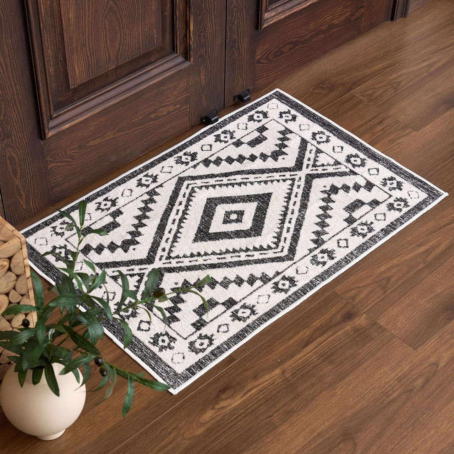 Moroccan Washable Area Rug 3x5, Geometric Tribal Decorative Woven Rug, Non-Slip Boho Farmhouse Soft Low-Pile Area Rug for Living Room Bedroom Nursery Dining Table, Dark Brown/White BST326H