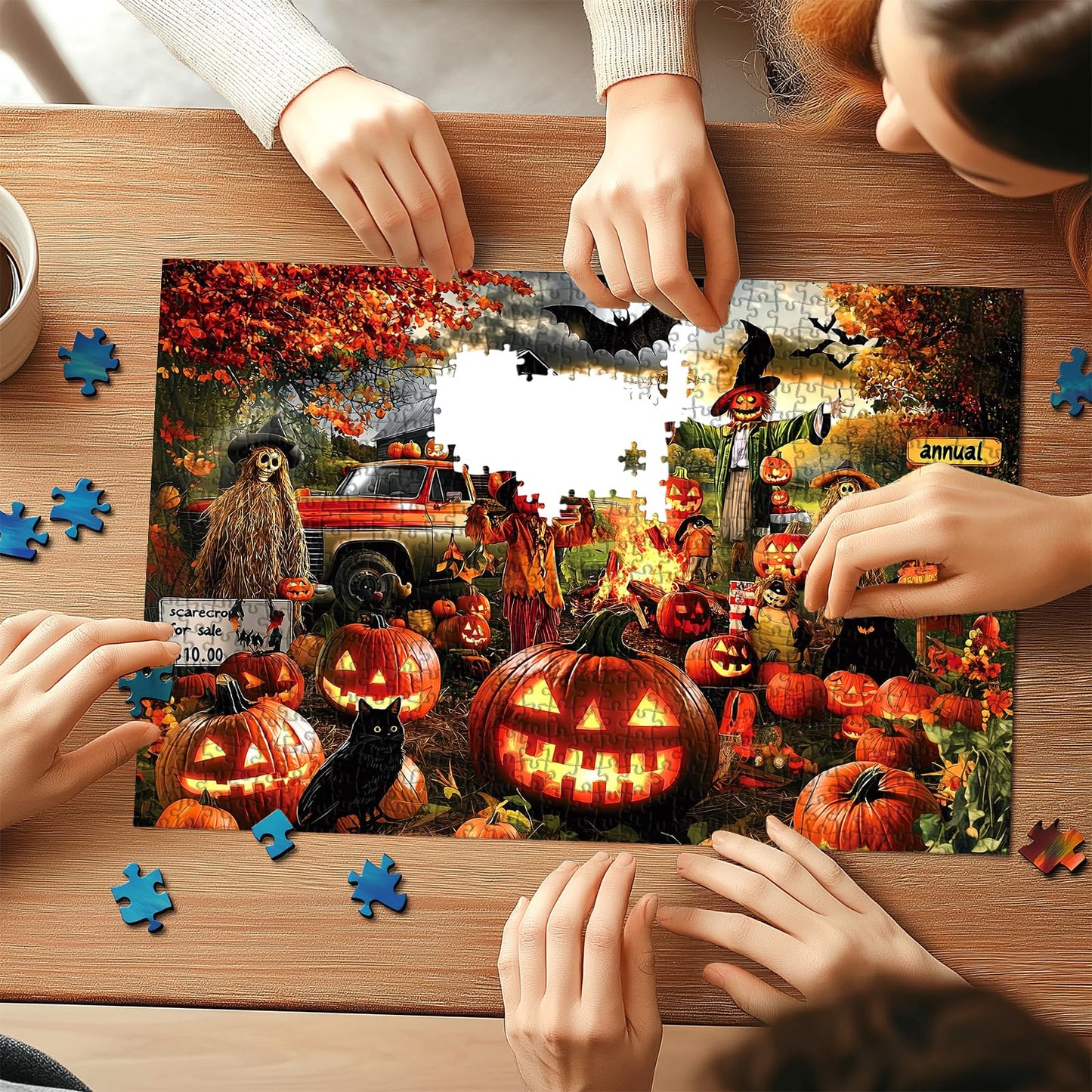 Halloween Puzzle 1000 Pieces for Adults Spooky Scarecrow Farm | Jigsaw Puzzles 1000 Pieces Autumn Horror Spooky with Pumpkin & Ghost Truck for Party Game Night, Dust-Free, 27.5"x19.7" WN420