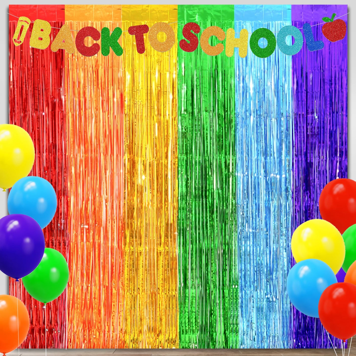 Back to School Decorations, 3.2x8.2 FT Thicken Rainbow Party Streamers Foil Fringe Backdrop Curtains 4 Pack BST326H