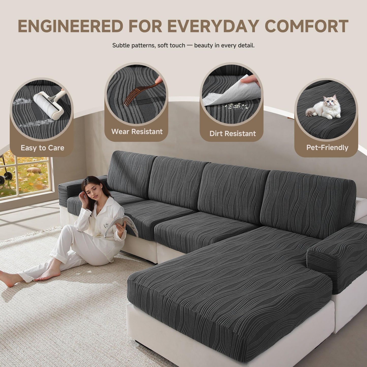 QIANMEW Couch Cushion Covers, Super Stretch Washable Sofa Slipcovers for L Shaped & Modular Seats, Pet-Friendly Furniture Protector with Stripe Design, (2 Seat Covers S, Dark Gray) BST326H