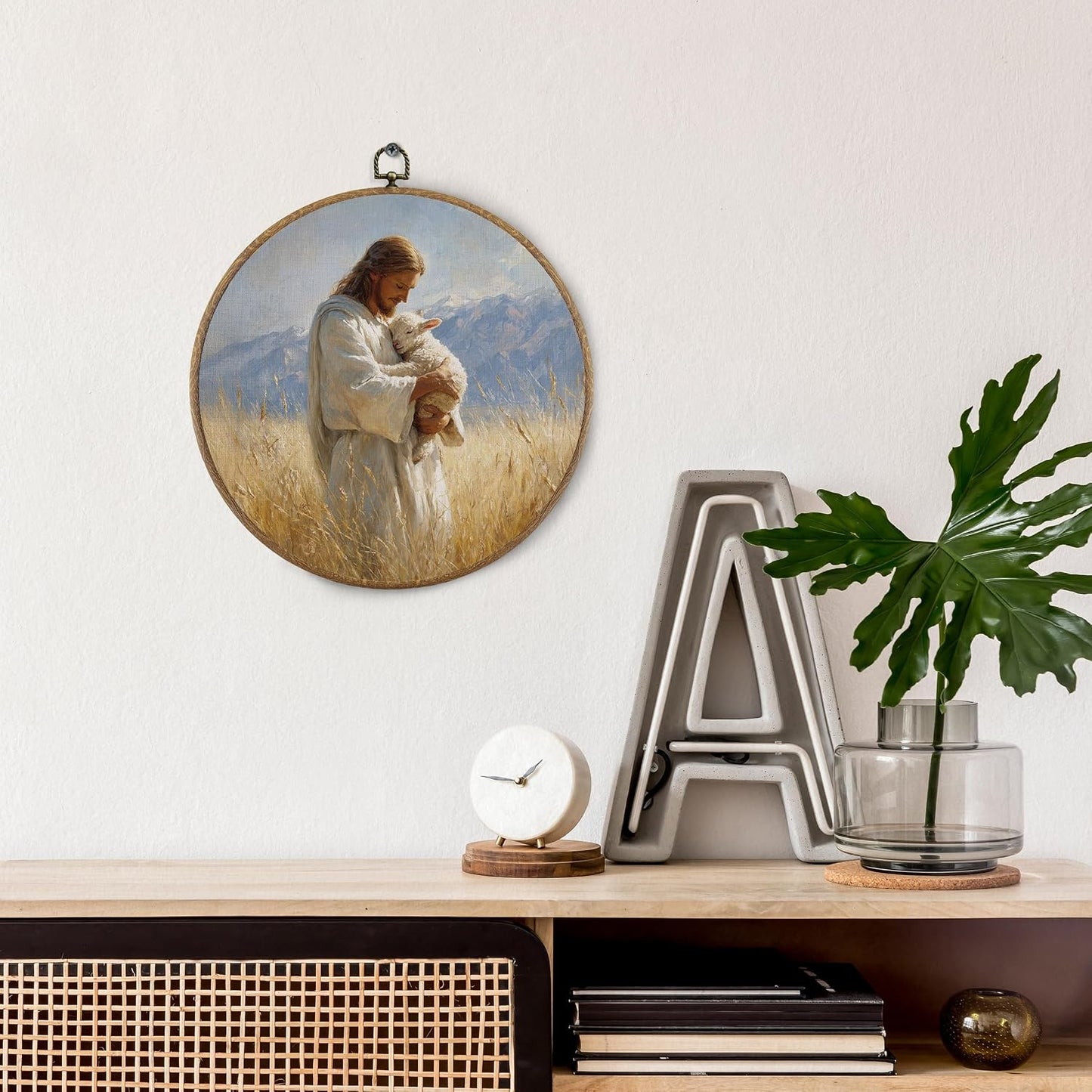 BitKAM Jesus and Lamb Christian Round Wall Art Decor, Jesus Saves the Lost Lamb Canvas Prints Framed, Religious Wall Hanging Decorations for Church Home Bedroom Living Room, 10x10 Inch Wall Sculptures BST326L