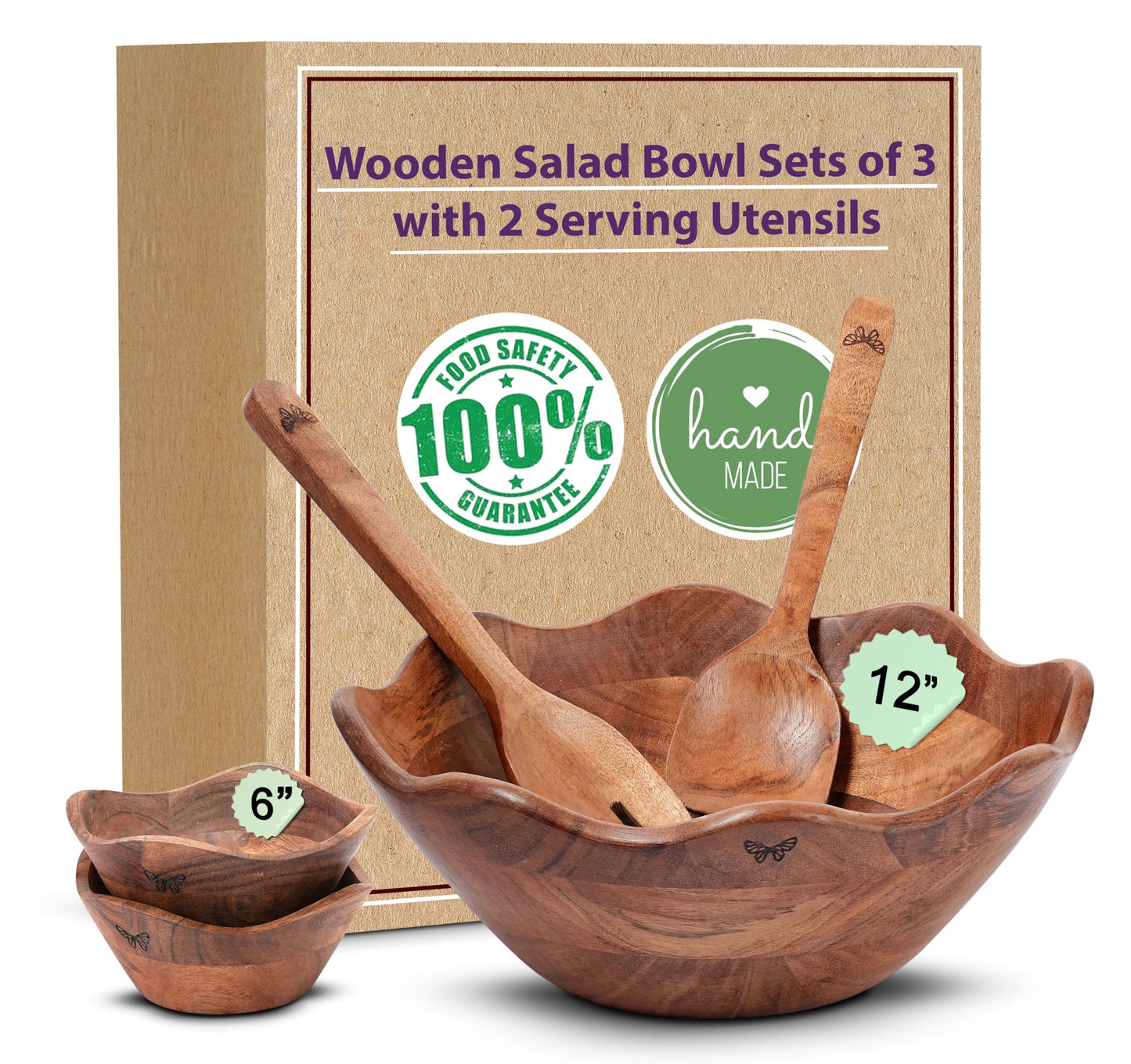 Melvvi Large Wooden Salad Bowl Set with 2 Serving Utensils | 12" Acacia Wood Bowls for Food | Great Mothers Day gift (Natural Set of 3) BST220