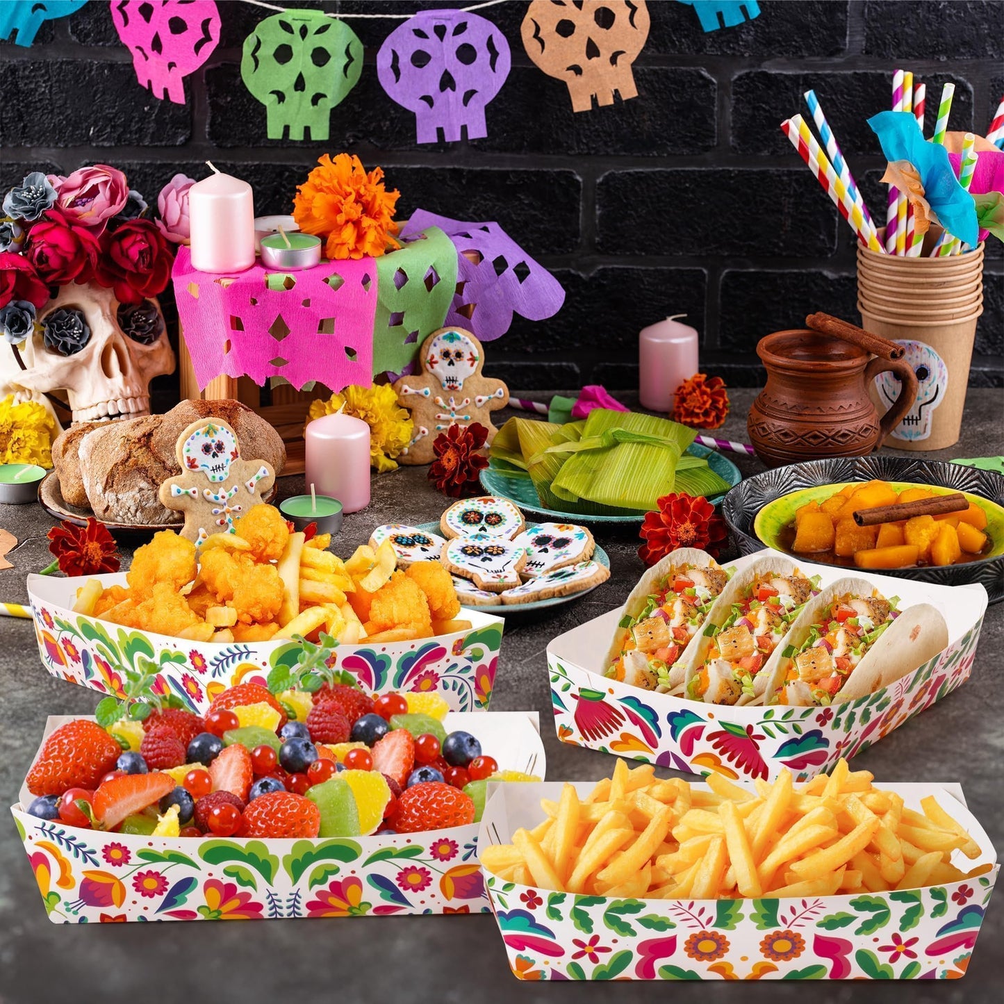 Mexican Taco Nights Food Trays 100Pcs Mexican Nacho Popcorn Unassembled Trays Snack Candy Holder Disposable Paper Plates Holiaday Carnival Party Supplies Concession Stand Food Containers BST202