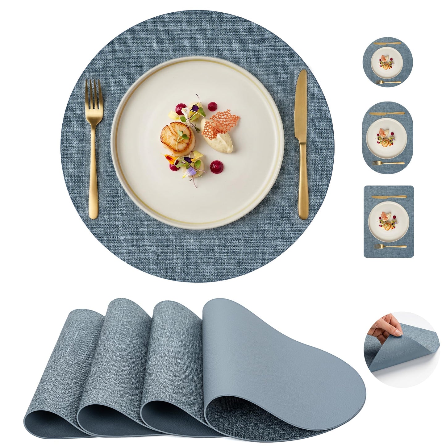 Faux Leather Placemats Set of 6, Wipeable Waterproof Stain Resistant Table Mats, Heat Resistant Thick Placemats with Hand-Painted Edges for Kitchen Dining, Imitative Linen Texture, Various Shapes BST326H