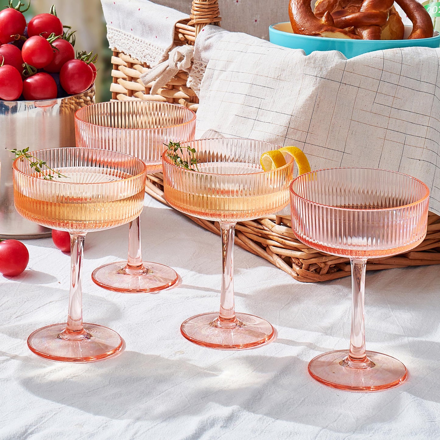 Khen Pink Peach Acrylic Ribbed Coupe Martini Champagne Cocktail Glasses, Set of 4, 8 oz Shatterproof Ripple Stemware European Style Reusable Drinkware Goblets, Indoor Outdoor Parties Weddings Bar Gift BST220