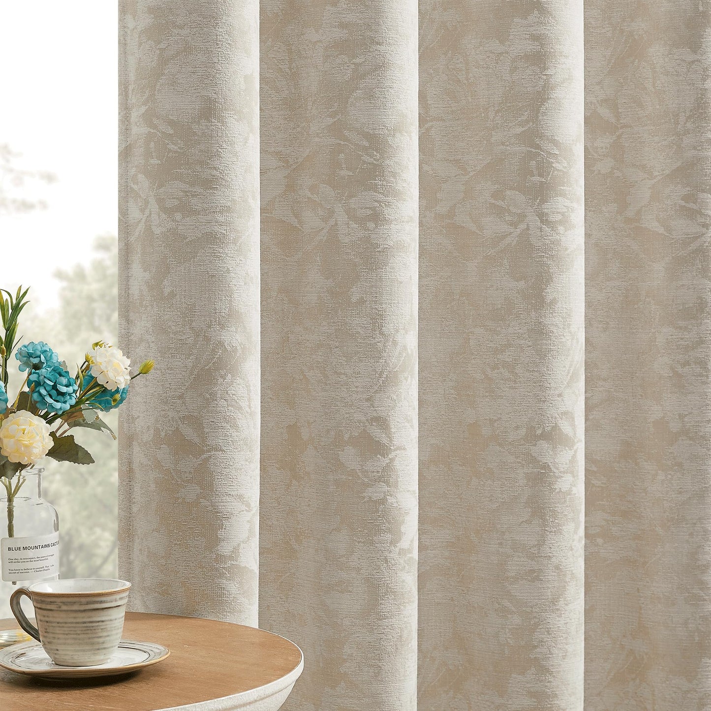 Beauoop Green Floral Jacquard Blackout Curtains 90 Inches Long 2 Panels for Bedroom Living Room Sage Flower Chenille Room Darkening Thermal Insulated Soundproof Grommet Window Treatments Drapes, 52x90 BST220
