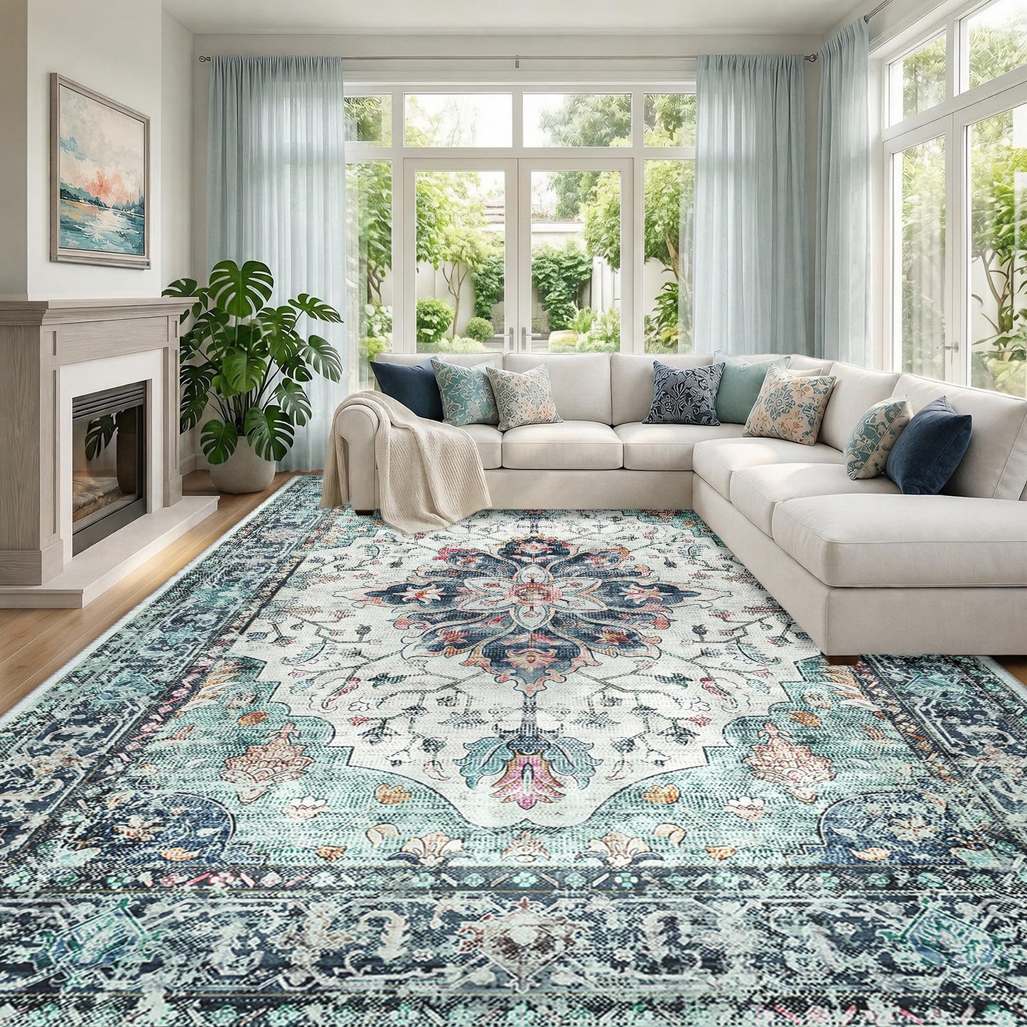 RELEANY Area Rugs Runner 2'x6' Washable Non-Slip, Floral Vintage Distress Medallion Carpet for Kitchen Hallway Bedroom Beside Laundry Room Bathroom, Teal Green Lake Blue Turquoise DD1210