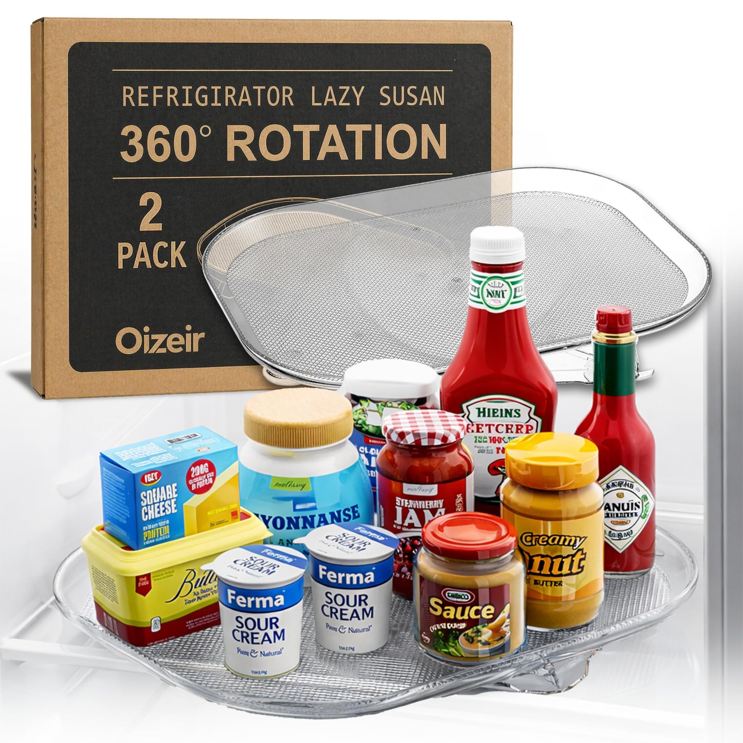 Oizeir Refrigerator Lazy Susan (2PK) - Clear Rectangular Fridge Organizer - Turntable Tray Lazy Susan for Refrigerator - Cabinet & Pantry Organizer - Smooth 360° Rotating Swivel Spinning Fridge Shelf BST220