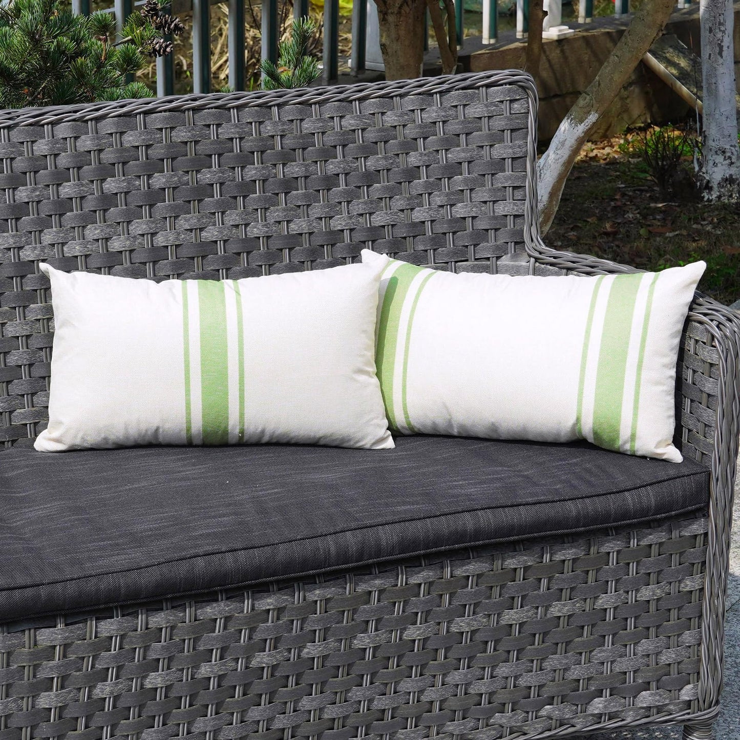 ONWAY Outdoor Pillow Covers Waterproof 18x18 Set of 2 Decorative Linen Throw Pillow Cover Beige and Black Striped Outdoor Pillows for Patio Furniture BST220