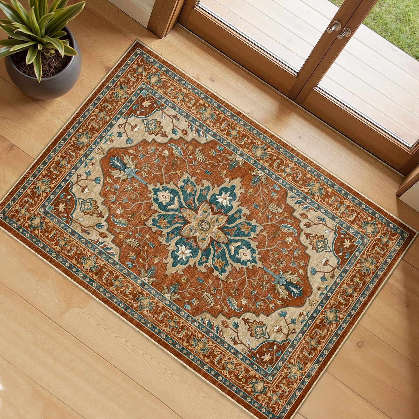 RELEANY Area Rugs Runner 2'x6' Washable Non-Slip, Floral Vintage Distress Medallion Carpet for Kitchen Hallway Bedroom Beside Laundry Room Bathroom, Teal Green Lake Blue Turquoise DD1210