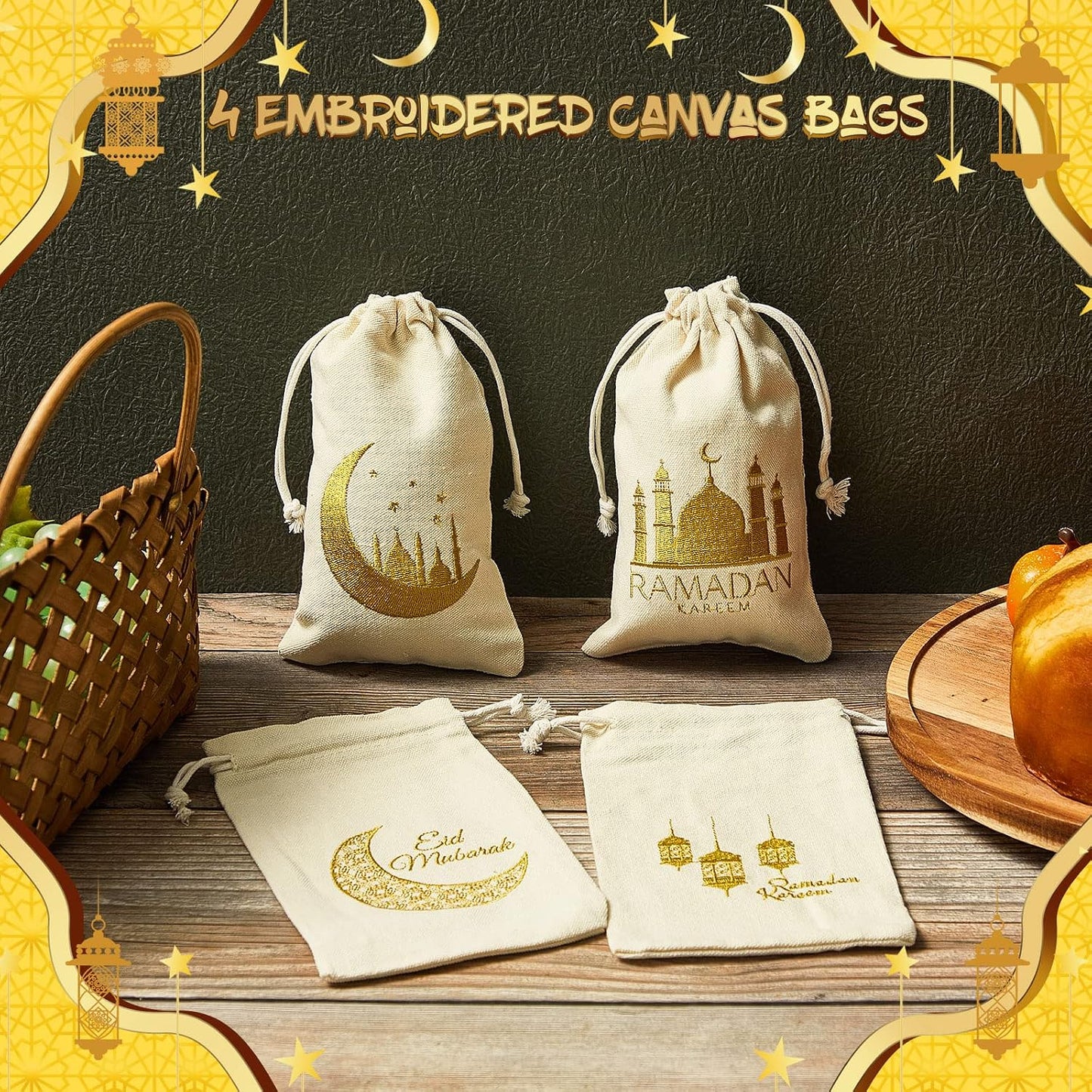 Photect 50 Pcs Islamic Burlap Bags Eid Al-adha & Qurbani Islamic Gift Bags Small Drawstring Pouch for Muslim Eid Al-adha Party Decorations, 4.7 x 7.8 Inch BST202