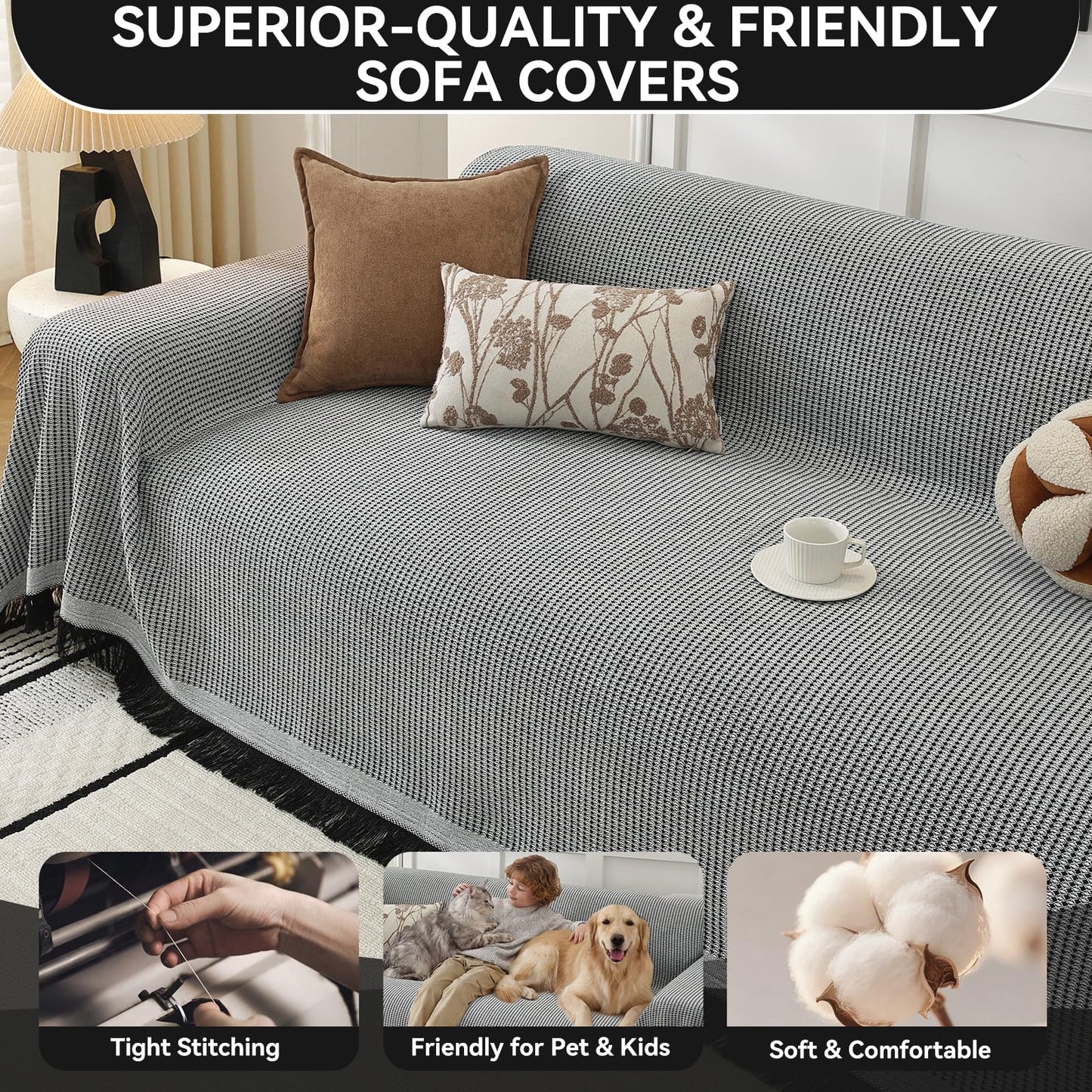YDKGL Couch Covers Sofa Covers for Sectional Sofa 3 Cushion Sofa Pet Friendly, L Shaped Couch Cover Blanket Washable Non Slip Furniture Protector, Soft Sofa Slipcover for Kids Dogs, Dark Grey 91"x134" BST220