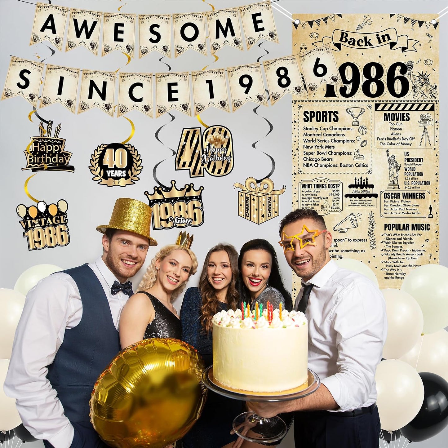 Happy 40th Birthday Decorations Men - 27 Pcs Retro Newspaper Theme Awesome Since 1986 Letter Banners Hanging Swirls Backdrop Latex Balloons for Men Women 40 Years Old Birthday Party Decor Supplies BST326L