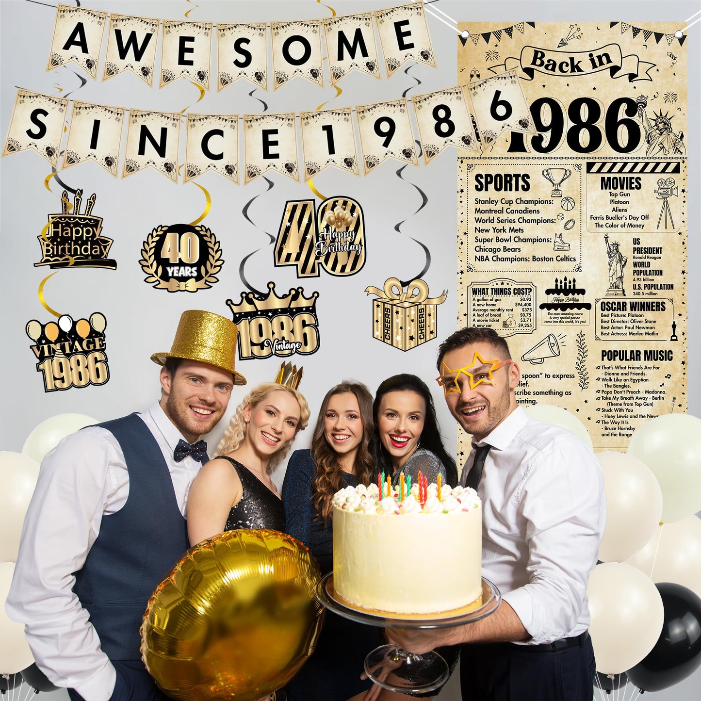 Happy 40th Birthday Decorations Men - 27 Pcs Retro Newspaper Theme Awesome Since 1986 Letter Banners Hanging Swirls Backdrop Latex Balloons for Men Women 40 Years Old Birthday Party Decor Supplies BST326L