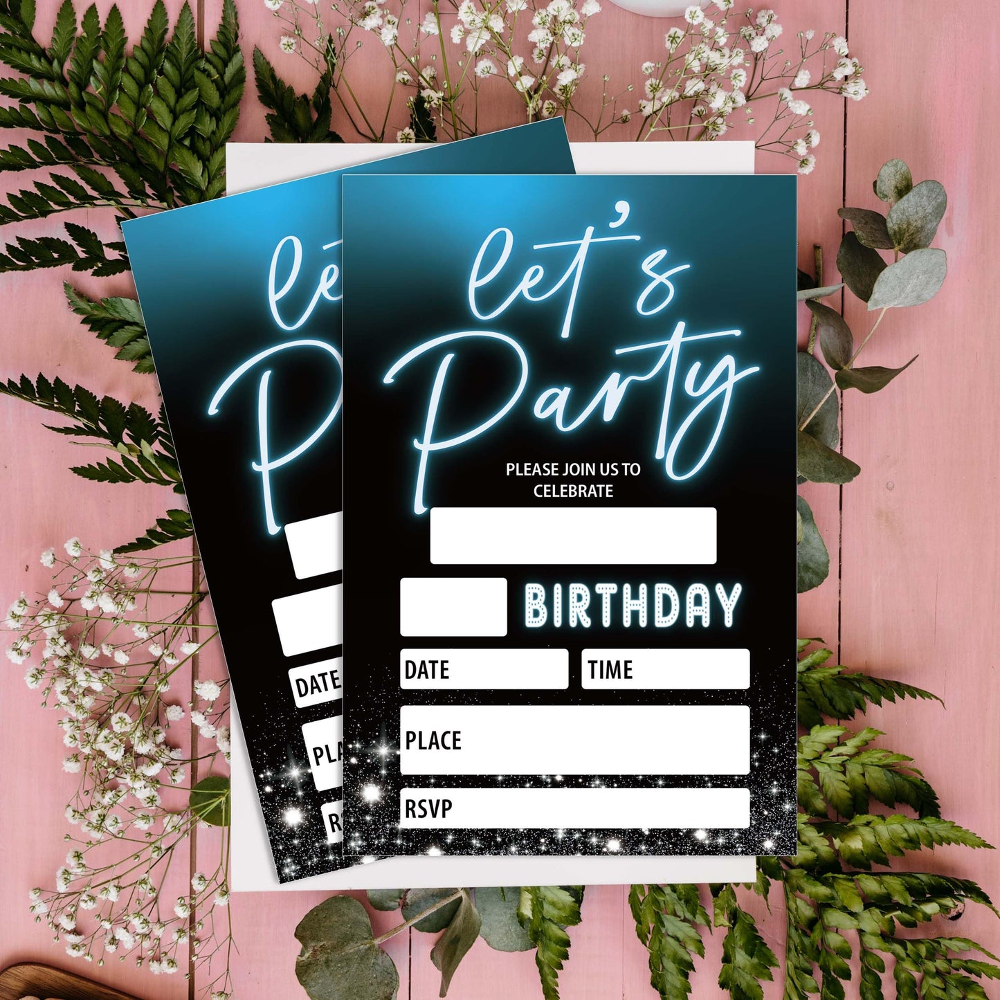 Let's Party! Gold Birthday Invitations, 4x6 Inch, 20Pcs Double-Sided Fill-In Cards & Envelopes for Boys, Girls, Birthday Parties WN420