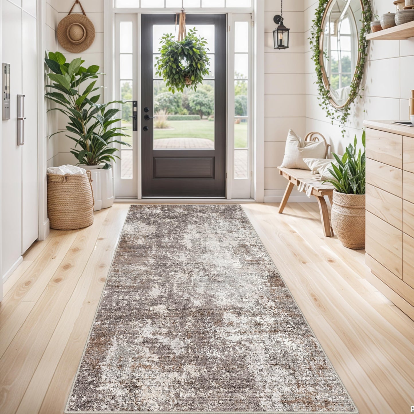 2x3 Washable Entryway Rug – Non-Slip Modern Abstract Neutral Small Throw Area Rug for Kitchen, Bedroom – Soft Low Pile Thin Indoor Door Mat（Black Grey,2x3） BST326H