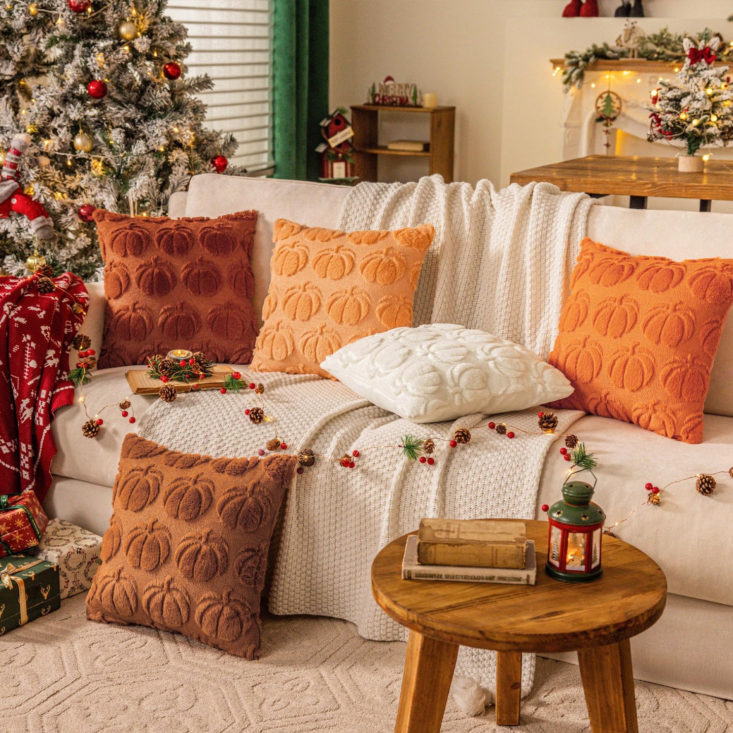 Cream White Fall Pumpkin Decorative Throw Pillow Covers Set of 2, 18x18 Inch Soft Plush 3D Embroidered Halloween Pillow Covers for Fall Decorations Farmhouse Cushion Covers for Thanksgiving BST220