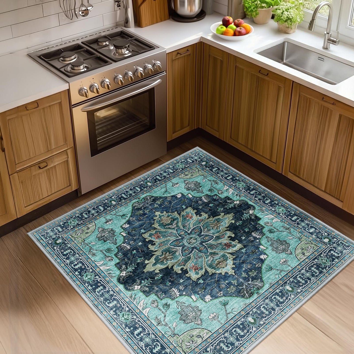 RELEANY Area Rugs Runner 2'x6' Washable Non-Slip, Floral Vintage Distress Medallion Carpet for Kitchen Hallway Bedroom Beside Laundry Room Bathroom, Teal Green Lake Blue Turquoise DD1210