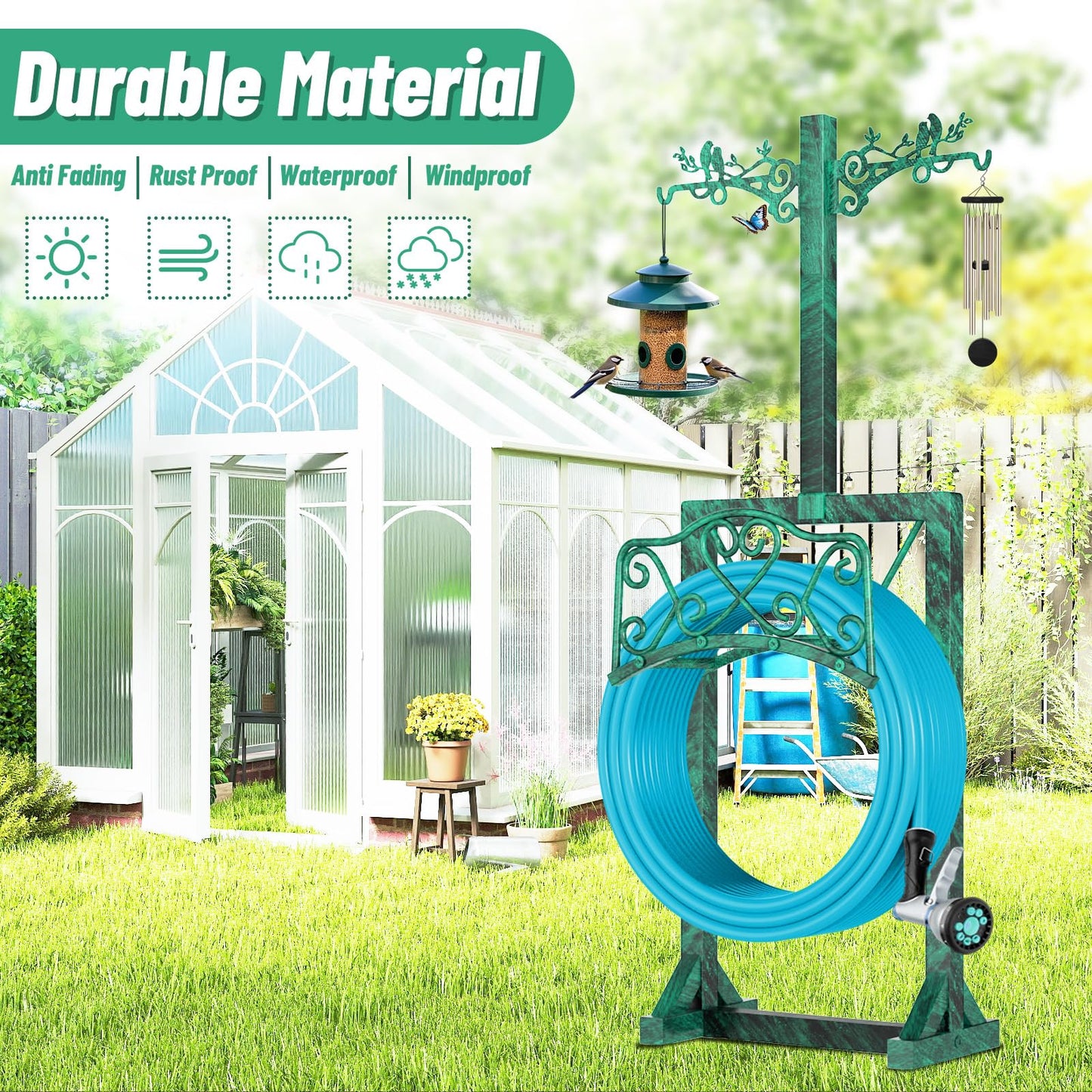 Garden Hose Holder, Freedstanding Heavy Duty Garden Water Hose Holder Stand with 2 Shepherds Hooks, Detachable Metal Hose Storage Hanger Rack for Outside Yard Lawn Farm DD1210