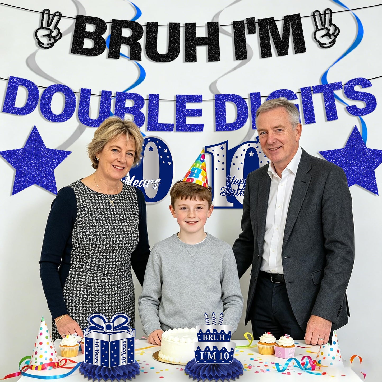 10th Birthday Decorations Banner Boys - 11 Pcs Silver Black Bruh I'M Double Digits Banners Hanging Swirls Honeycomb Table Decoration Latex Balloons For Boy 10 Year Old Bday Party Supplies BST220