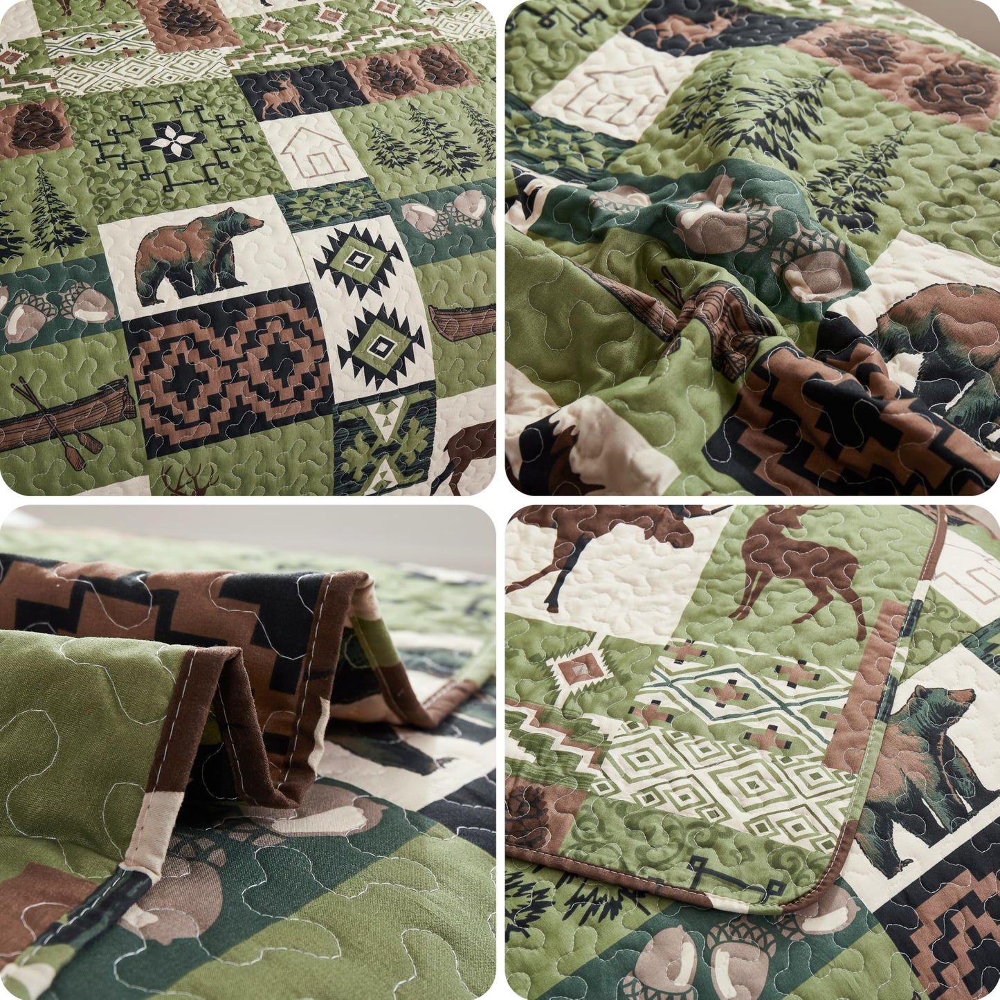 Rustic Moose Quilt Set King Size Lodge Quilt Lightweight Summer Cabin Bedspread Country Bedding Forest Bear Fish Pine Coverlet Daybed Cover Blanket Woodland Home Decor-Brown White BST220