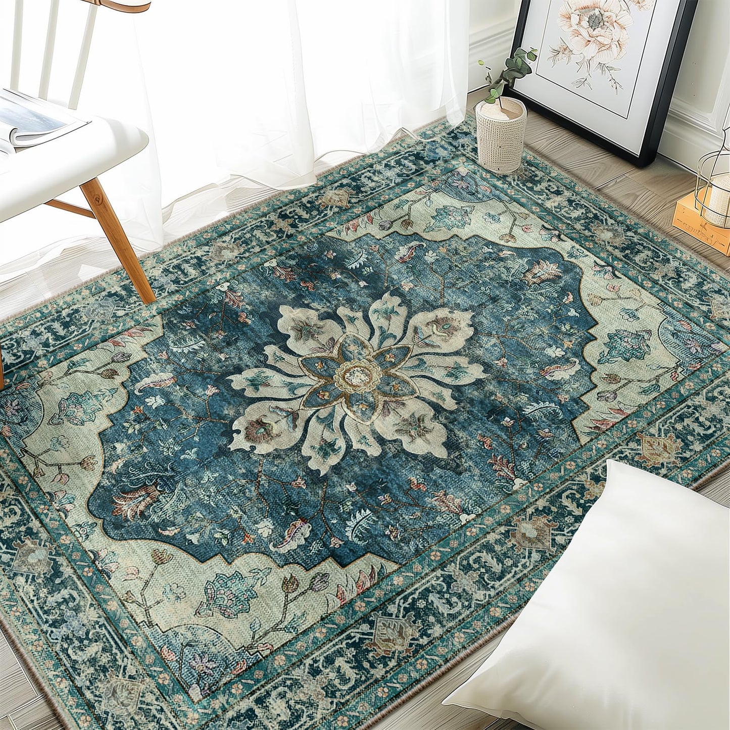 RELEANY Area Rugs Runner 2'x6' Washable Non-Slip, Floral Vintage Distress Medallion Carpet for Kitchen Hallway Bedroom Beside Laundry Room Bathroom, Teal Green Lake Blue Turquoise DD1210