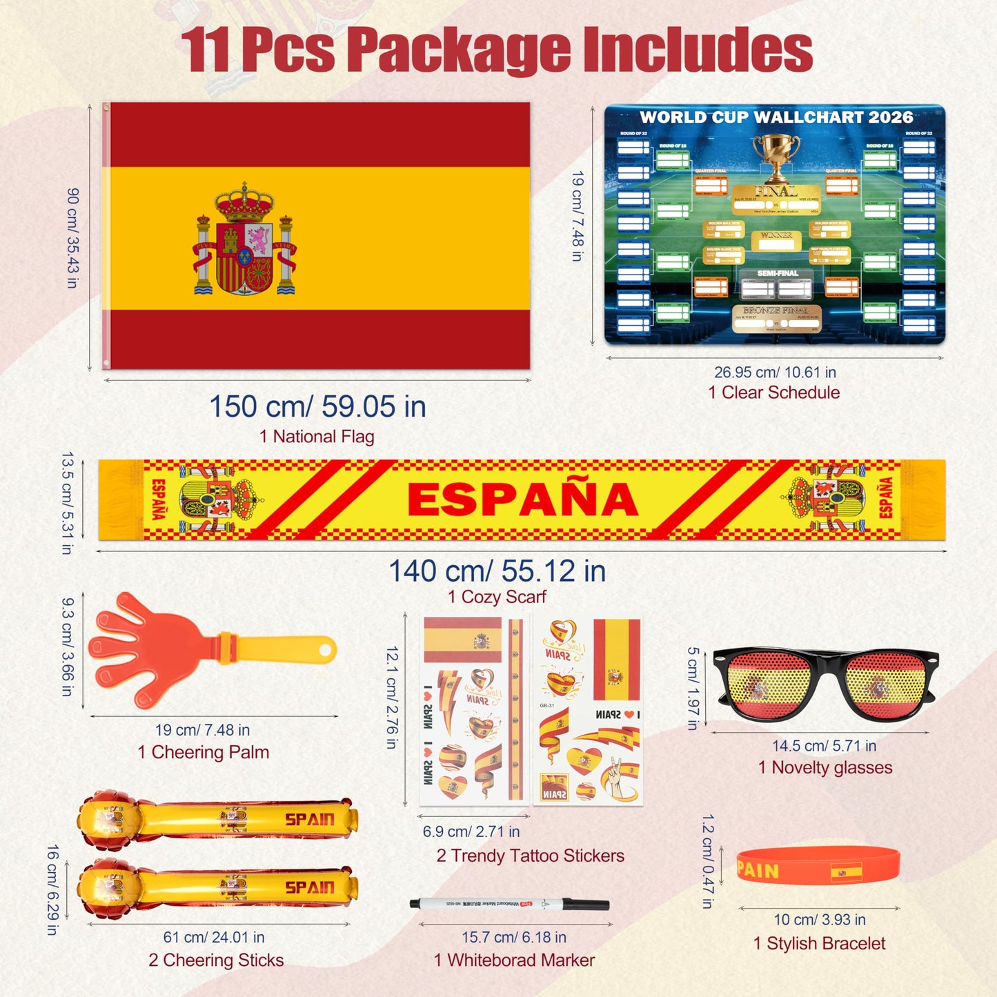World Cup 2026 Fan Accessories with Large 3x5 ft Flag, Match Tracker Poster, Stickers, Cheering Sticks, Clapper & Scarf, World Cup Decorations Fan kit for Soccer Watch Party, Stadium and Home Cheering BST202