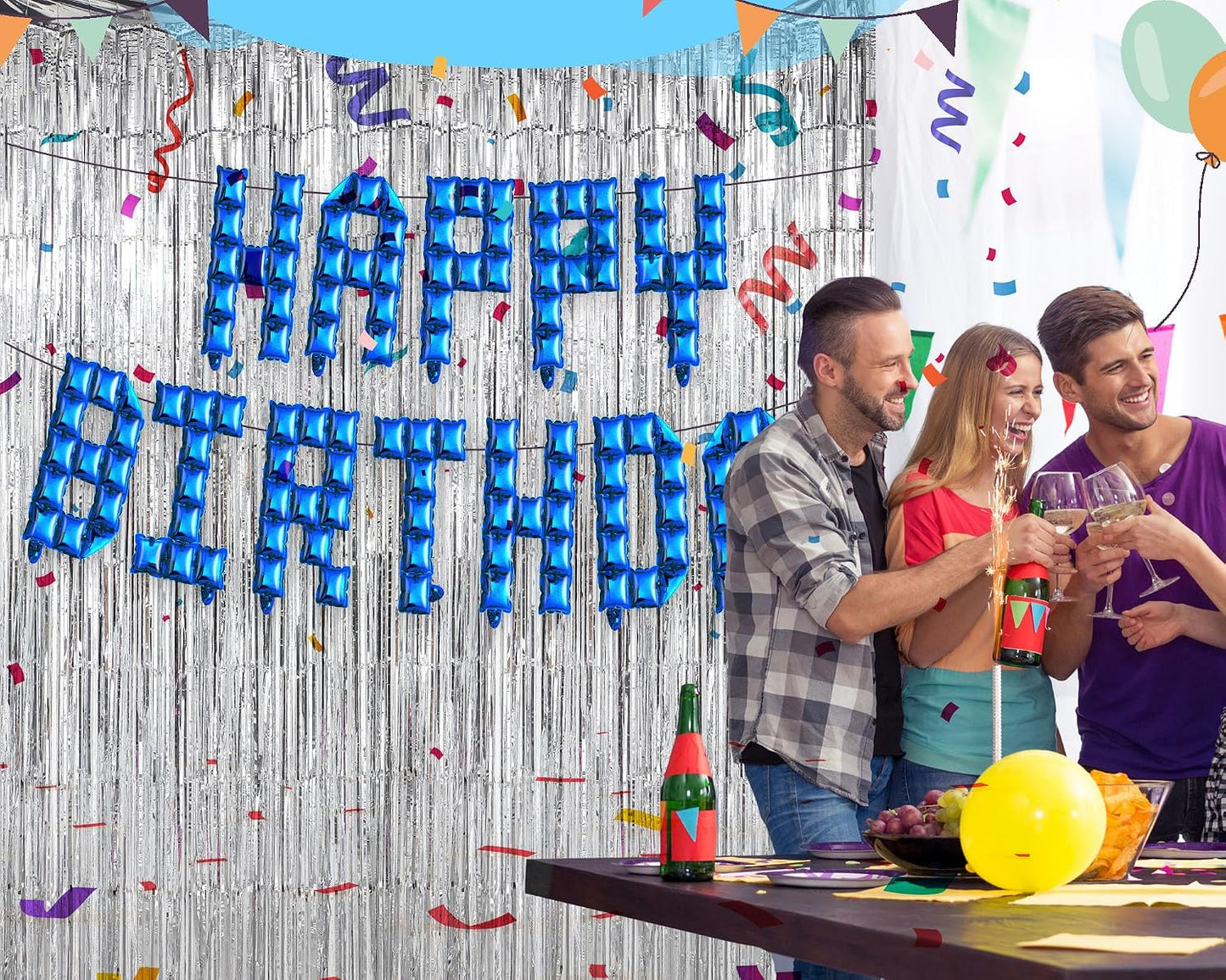 Seenelling Happy Birthday Balloons Banner with 3 Pack Silver Foil Fringe Backdrop 16 Inch Foil Letters Metallic Tinsel Fringe Curtains Reusable Inflatable Birthday Party Decorations(Blue) BST326L