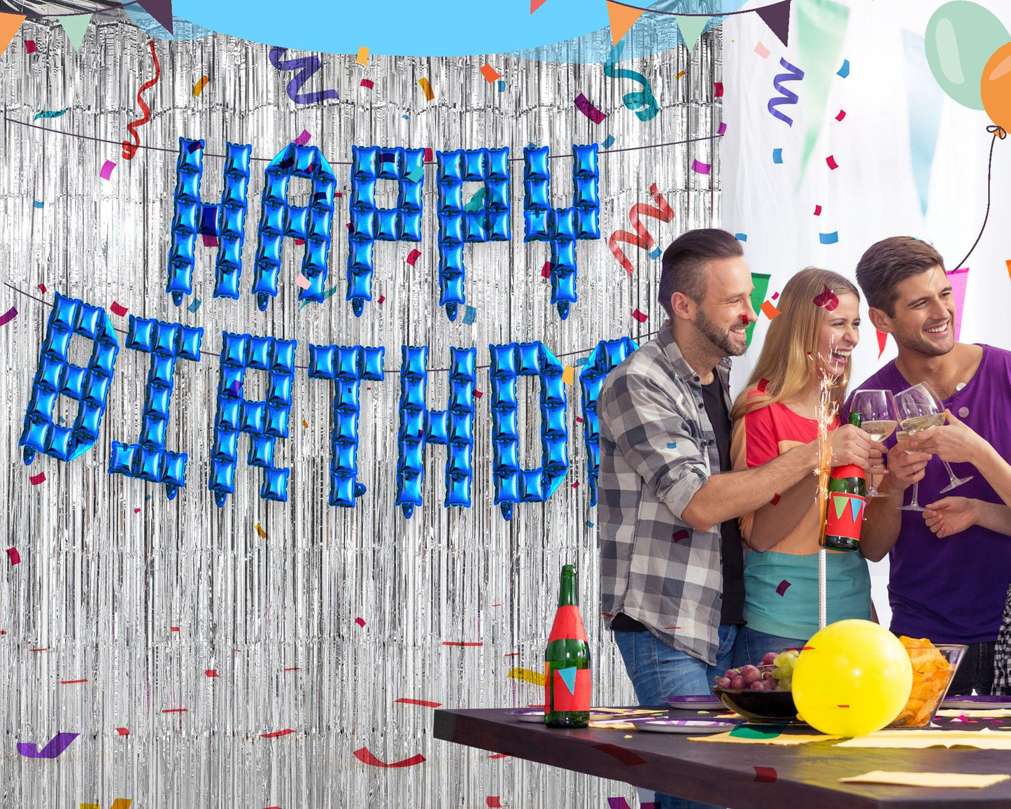 Seenelling Happy Birthday Balloons Banner with 3 Pack Silver Foil Fringe Backdrop 16 Inch Foil Letters Metallic Tinsel Fringe Curtains Reusable Inflatable Birthday Party Decorations(Blue) BST326L