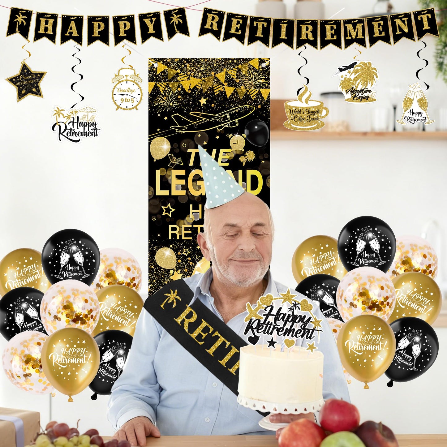 Happy Retirement Party Decorations Women - 33 Pcs Black Rose Gold Banners Hanging Swirls Glitter Cupcake Cake Toppers Backdrop Sparkling Sash Confetti Balloons for Retire Decoration Party Supplies BST326L