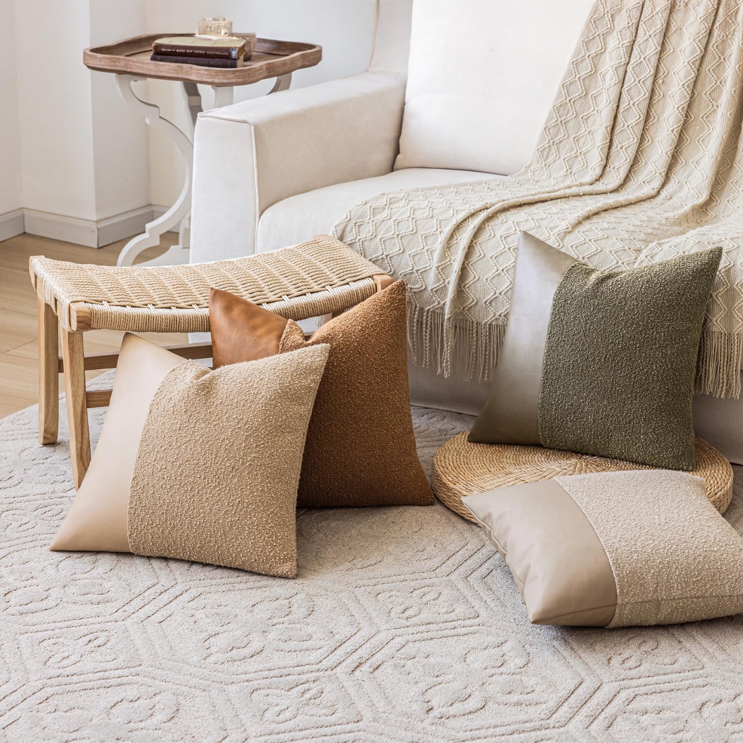 Set of 2 Fluffy Boucle Pillow Covers 18"x18", Oatmeal Textured Throw Pillow Covers with Faux Leather Accents, Boho Decorative Pillow Cases for Couch, Bed, or Farmhouse Home Decor BST220