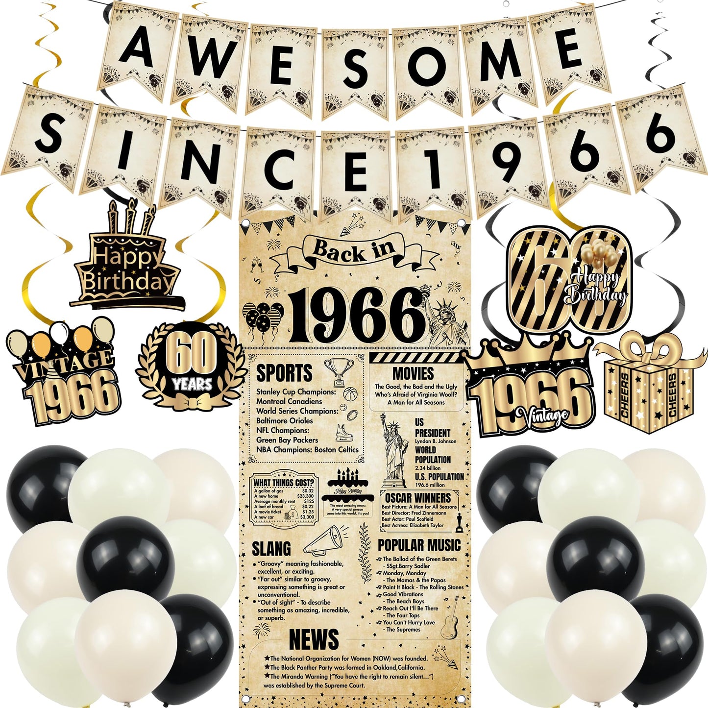 Happy 40th Birthday Decorations Men - 27 Pcs Retro Newspaper Theme Awesome Since 1986 Letter Banners Hanging Swirls Backdrop Latex Balloons for Men Women 40 Years Old Birthday Party Decor Supplies BST326L