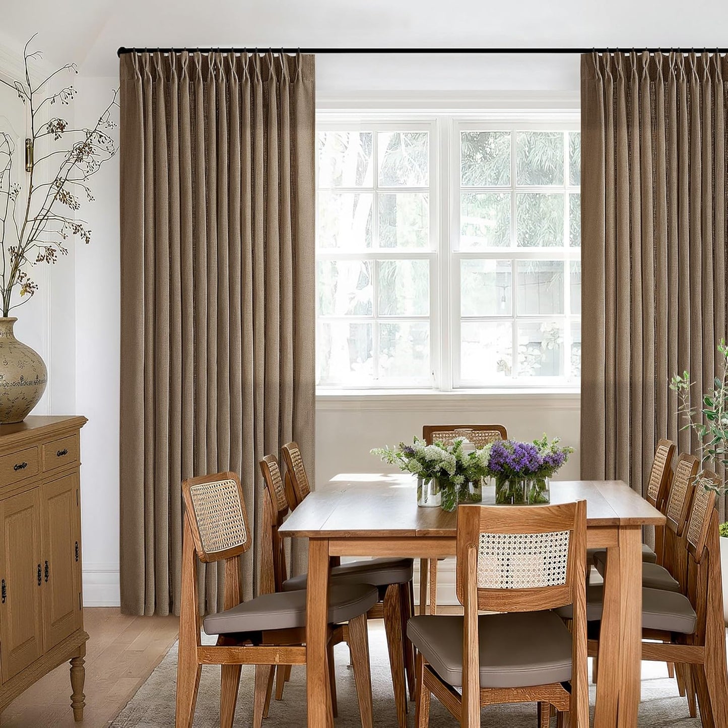 TWODRAPES Brown Pleated Linen Curtains 96 Inches Long Living Room 2 Panel Set Semi Sheer Light Filtering Pinch Pleat with Rings Hooks Drapes Boho Rustic Farmhouse Dutch Cocoa Curtain Bedroom Window