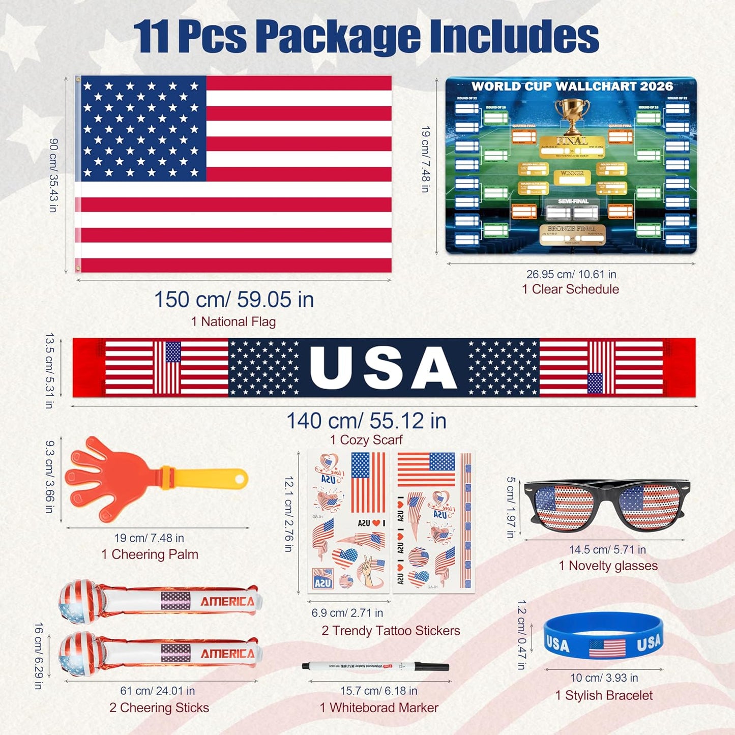Large American Flag 3x5 Ft 59 x 35 in with Soccer Watch Party Accessories, Temporary Tattoos, Glasses, Scarf, Wristband, Thunder Sticks, Clapper, 2026 World Cup Wall Chart BST202